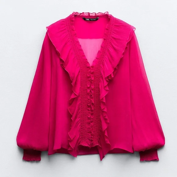 ZARA SEMI-SHEER BLOUSE WITH RUFFLES - Picture 2 of 5